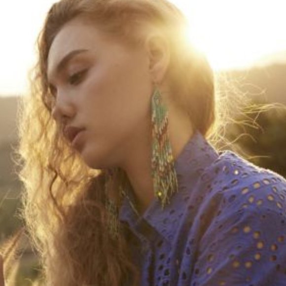 MYRA BAG Tapestry Of Time Turquoise Western Boho Long Beaded Drop Earrings NWT - Picture 2 of 2